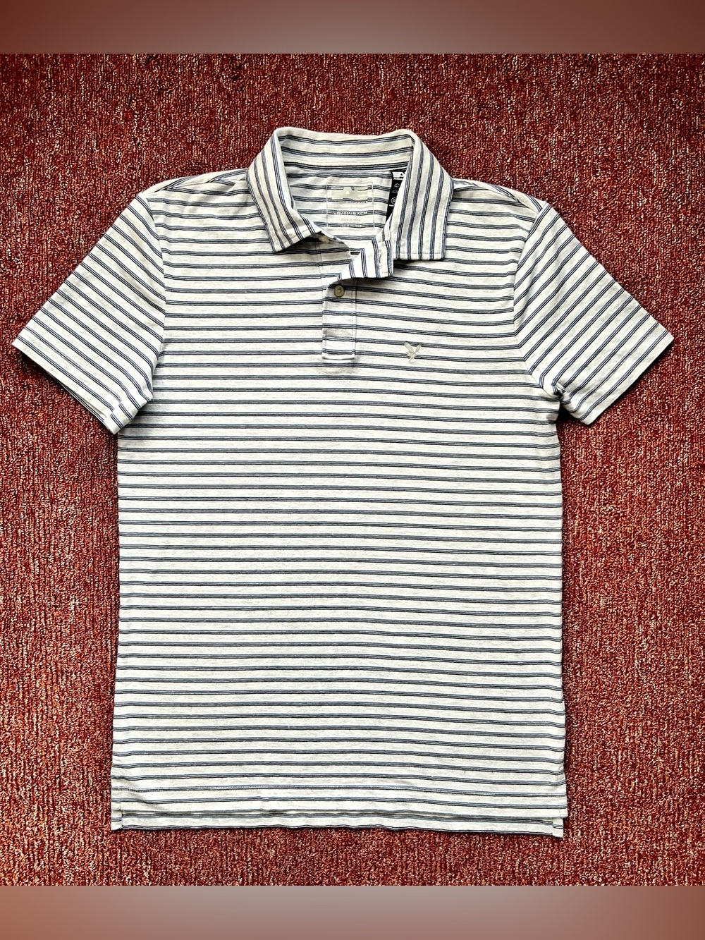 American Eagle Outfitters: Men's Gray and Blue/Black Striped Polo Shirt - XS